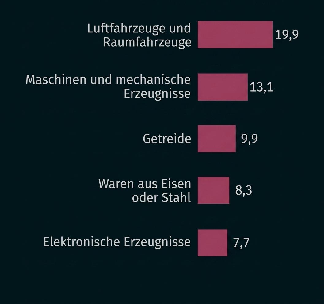 Balkendiagramm: Exporte nach Produkt, Luftfahrzeuge 19,9%, Maschinen 13,1%, Getreide 9,9%, Eisen/Stahl 8,3%, Elektronik 7,7%